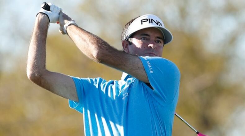 Bubba Watson tees off on the ninth hole during the first round of the Phoenix Open golf tournament, Thursday, Feb. 4, 2016, in Scottsdale, Ariz. (AP Photo/Rick Scuteri)