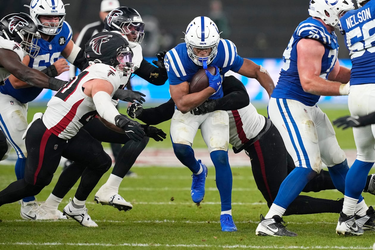The Atlanta Falcons gave up a franchise-record 244 rushing yards to Indianapolis Colts running back Jonathan Taylor on Nov. 9, 2025, in Berlin. (Martin Meissner/AP)