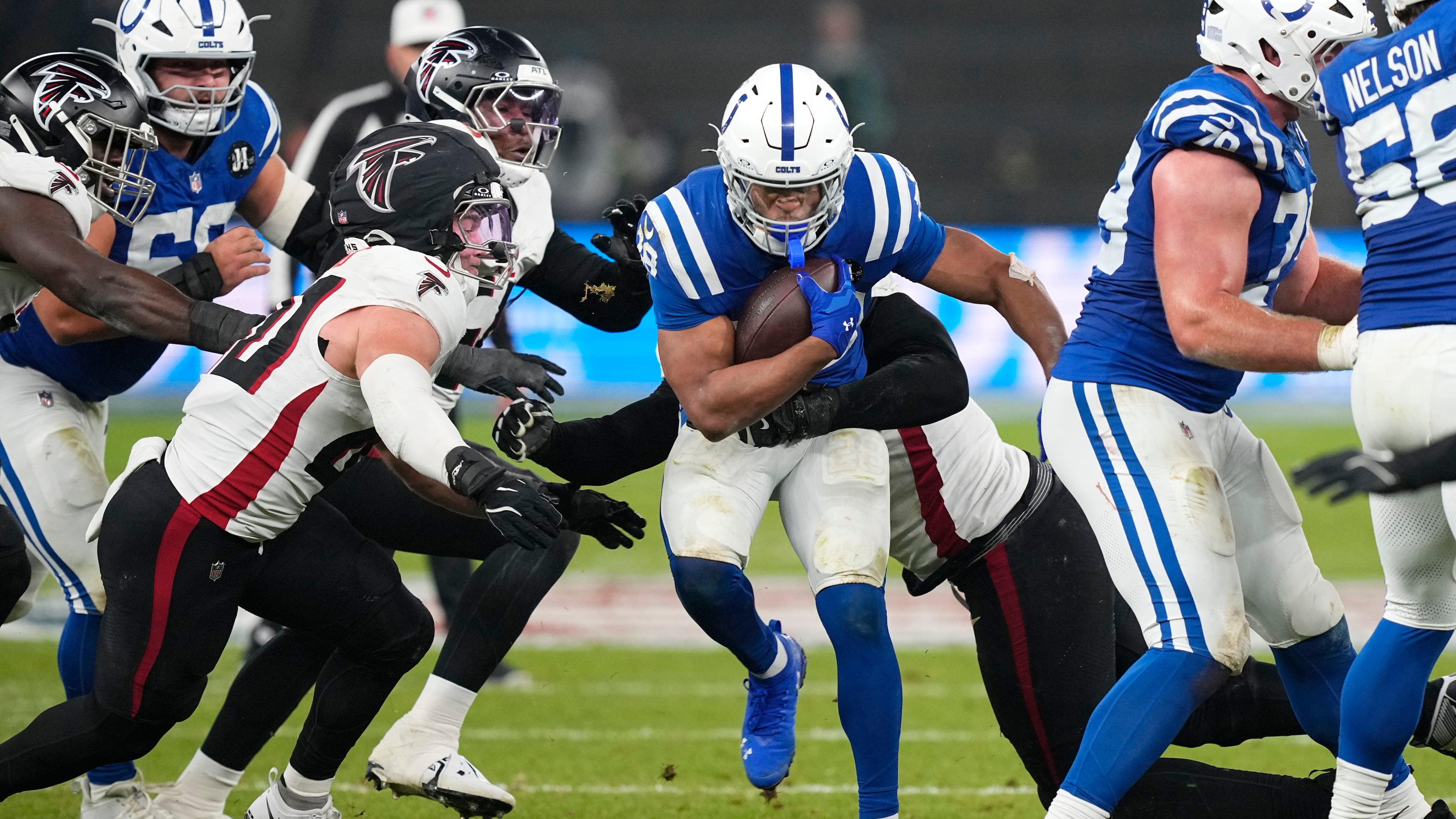 The Atlanta Falcons gave up a franchise-record 244 rushing yards to Indianapolis Colts running back Jonathan Taylor on Nov. 9, 2025, in Berlin. (Martin Meissner/AP)