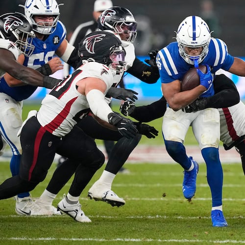 The Atlanta Falcons gave up a franchise-record 244 rushing yards to Indianapolis Colts running back Jonathan Taylor on Nov. 9, 2025, in Berlin. (Martin Meissner/AP)