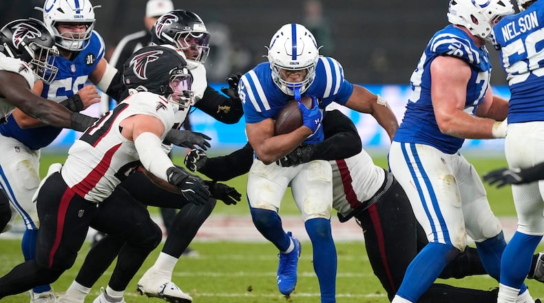 The Atlanta Falcons gave up a franchise-record 244 rushing yards to Indianapolis Colts running back Jonathan Taylor on Nov. 9, 2025, in Berlin. (Martin Meissner/AP)