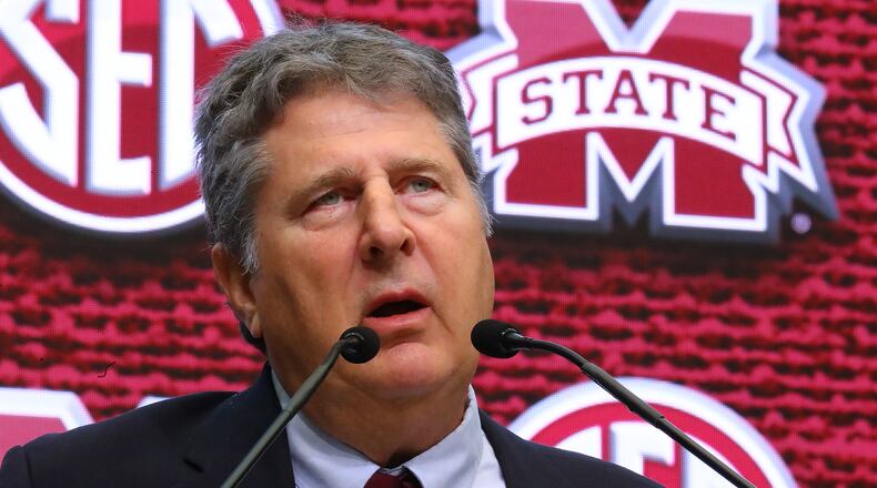 Mississippi State coach Mike Leach holds his press conference at SEC Media Days in the College Football Hall of Fame on Tuesday, July 19, 2022, in Atlanta. “Curtis Compton / Curtis Compton@ajc.com”