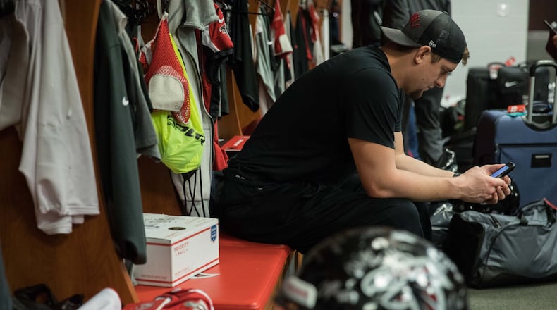 Atlanta Falcons tackle Ryan Schraeder sits in the locker room at the team’s practice facility, Tuesday, Feb. 7, 2017, in Flowery Branch, Ga.