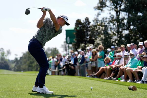 Collin Morikawa hits his tee shot on the ninth hole during the first round at the Masters golf tournament, Thursday, April 10, 2025, in Augusta, Ga. (AP Photo/Ashley Landis)