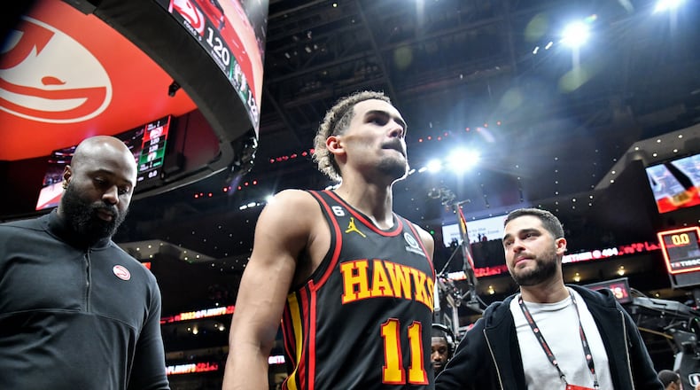Hawks' guard Trae Young leaves the court after Celtics won Game 6 of the first round of the Eastern Conference playoffs at State Farm Arena, Thursday, April 27, 2023, in Atlanta. (Hyosub Shin / Hyosub.Shin@ajc.com)