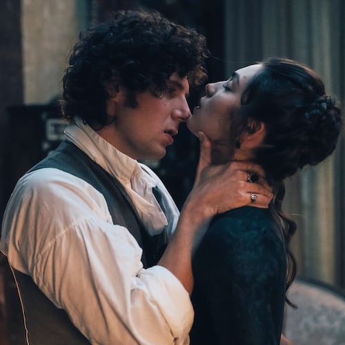 This image released by HBO shows Vincent Lacoste, left, and Anamaria Vartolomei in a scene from "The Seduction." (Caroline Dubois/HBO via AP)