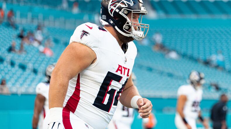 Atlanta Falcons offensive lineman Ryan Neuzil (64) gets ready for the exhibition game against the Miami Dolphins at Hard Rock Stadium in Miami Gardens, Fla. on Friday, Aug. 11, 2023. (Photo by Jay Bendlin/Atlanta Falcons)