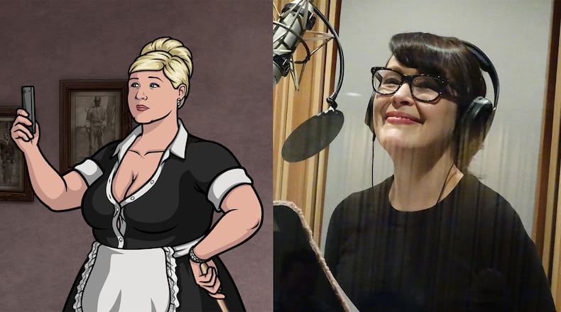 Pam Poovey is voiced by Amber Nash (right in the studio). CREDIT: (left) FX, (right) Rodney Ho/rho@ajc.com