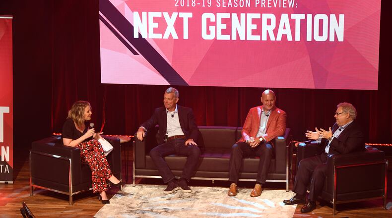 NBA TV’s Kristen Ledlow moderates a panel discussion with (l-r) Hawks principal owner Tony Ressler, Hawks general manager Travis Schlenk and Hawks CEO Steve Koonin.