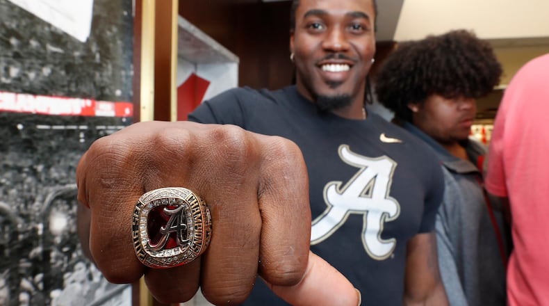 Alabama running back Bo Scarbrough shows off his championship ring.
