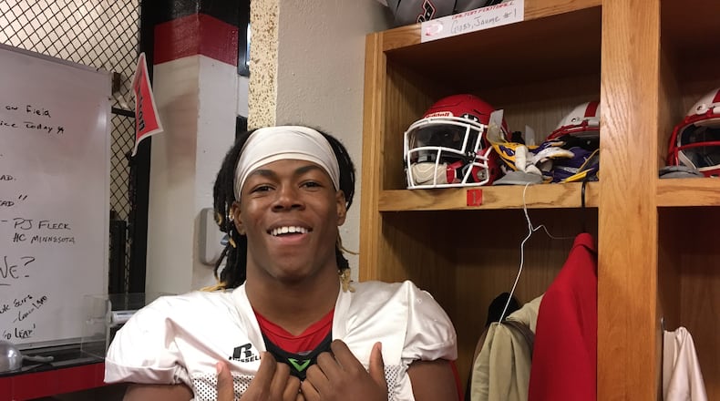 Dalton High running back Jahmyr Gibbs at his locker on November 4, 2019. Gibbs finished the regular season as the state's leading rusher at 2,358 yards. (AJC photo by Ken Sugiura)