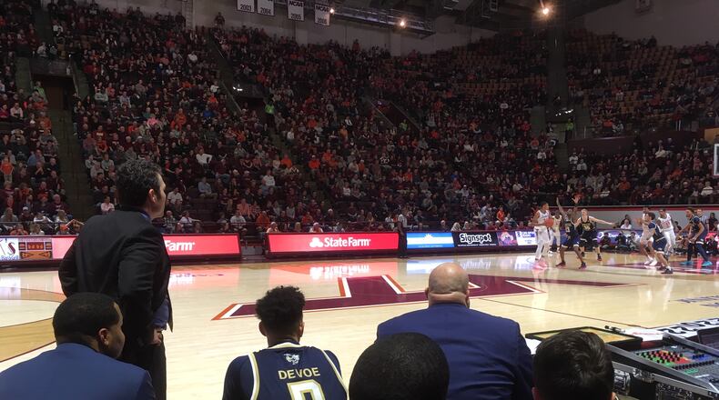 Georgia Tech coach Josh Pastner watches his team from the sideline during the team's 76-68 loss to Virginia Tech February 13, 2019, in Blacksburg, Va.