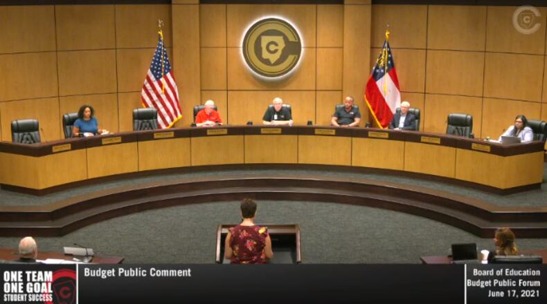 Cobb County School Board members on Thursday gave final approval to the fiscal year 2022 budget. Credit: screenshot of Cobb County Board of Education June 17, 2021, budget hearing.