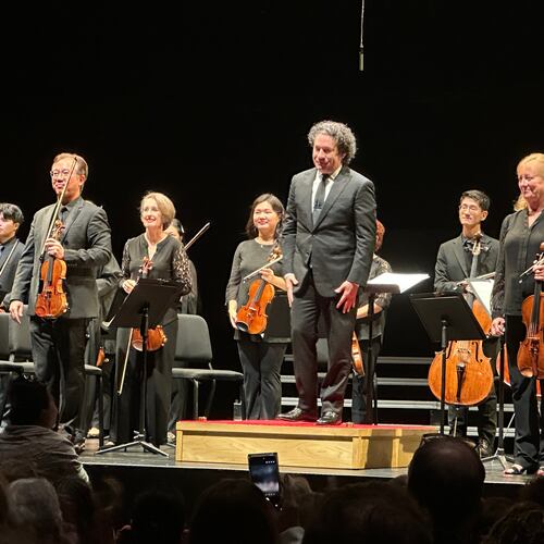 Gustavo Dudamel appears with the New York Philharmonic at a Sounds of Remembrance concert to commemorate the 25th anniversary of the 9/11 attacks at the Perelman Performing Arts Center in New York on Sept. 11, 2026. (AP Photo/Ron Blum)