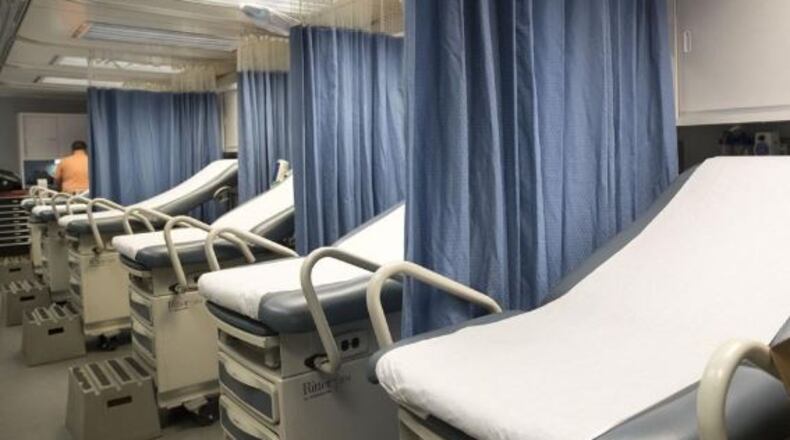 The interior of Carolinas MED-1, a mobile medical facility located outside of the Marcus trauma and emergency room at Grady Memorial Hospital, on Jan. 29. The facility houses 14 extra emergency room beds and has an operable emergency operating room. ALYSSA POINTER/ALYSSA.POINTER@AJC.COM