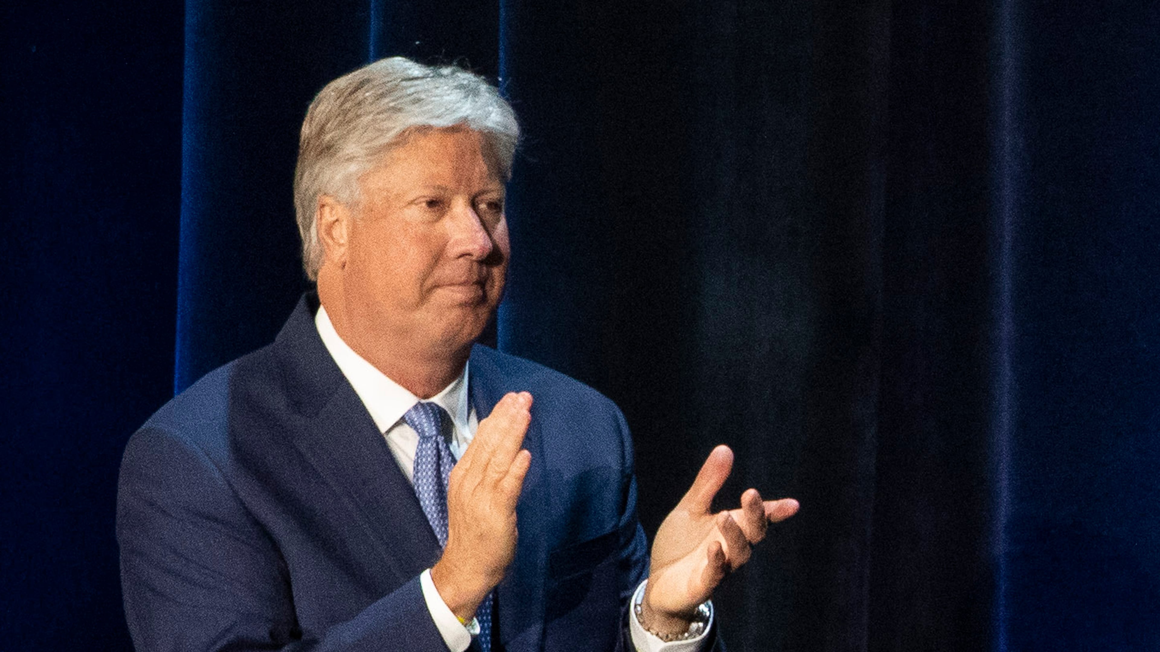 FILE - Pastor Robert Morris applauds during a roundtable discussion at Gateway Church Dallas Campus, June 11, 2020, in Dallas. (AP Photo/Alex Brandon, File)