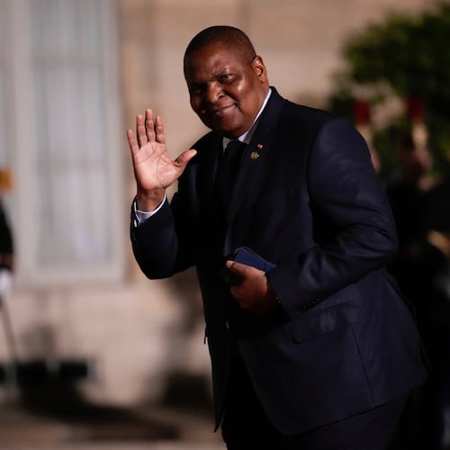 FILE - Central African President Faustin-Archange Touadera arrives for the 19th Francophonie Summit, at the Elysee Palace, in Paris, Friday, Oct. 4, 2024. (AP Photo/Louise Delmotte, File)