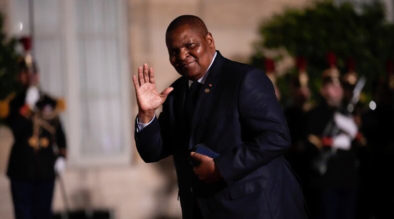 FILE - Central African President Faustin-Archange Touadera arrives for the 19th Francophonie Summit, at the Elysee Palace, in Paris, Friday, Oct. 4, 2024. (AP Photo/Louise Delmotte, File)