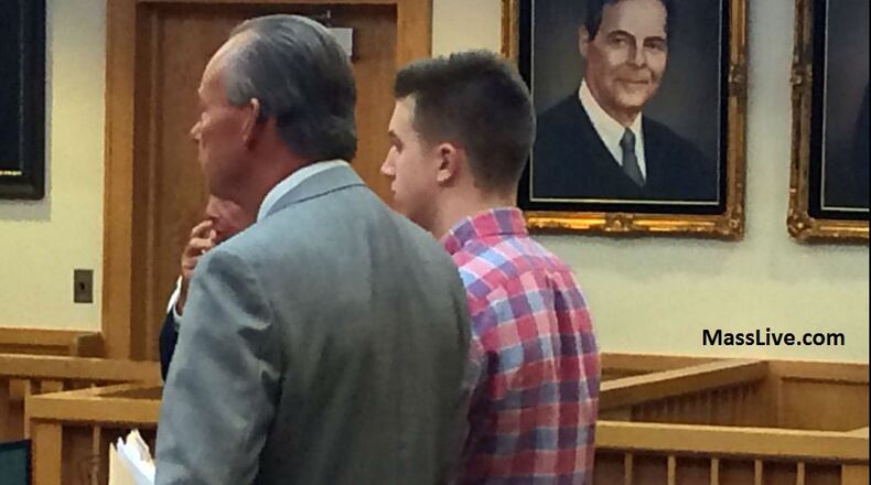 David Becker, 18, of East Longmeadow, right, who is charged with two counts of rape and one count of indecent assault and battery on a person older than 14, appears in Palmer District Court with his attorney, Thomas Rooke, left. (Photo: MassLive.com)