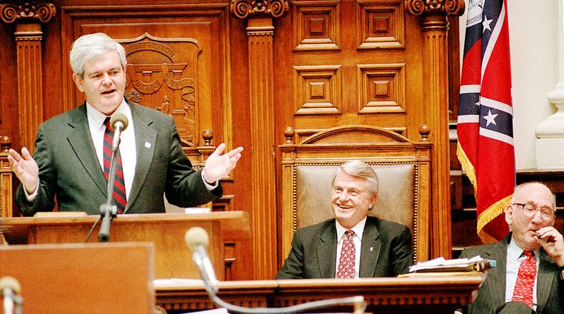 ATLANTA U S House Speaker Newt Gingrich L kids Ga Governor Zell Miller C and Ga House Speaker Tom Murphy R as he addresses a joint legislative session 2 13 Rep Gingrich said that although he and Murphy are often at odds he actually learned the role of speakership from the longtime Georgia House legislator and went on to say My goal is not to microgovern from Washington but to be your parnter