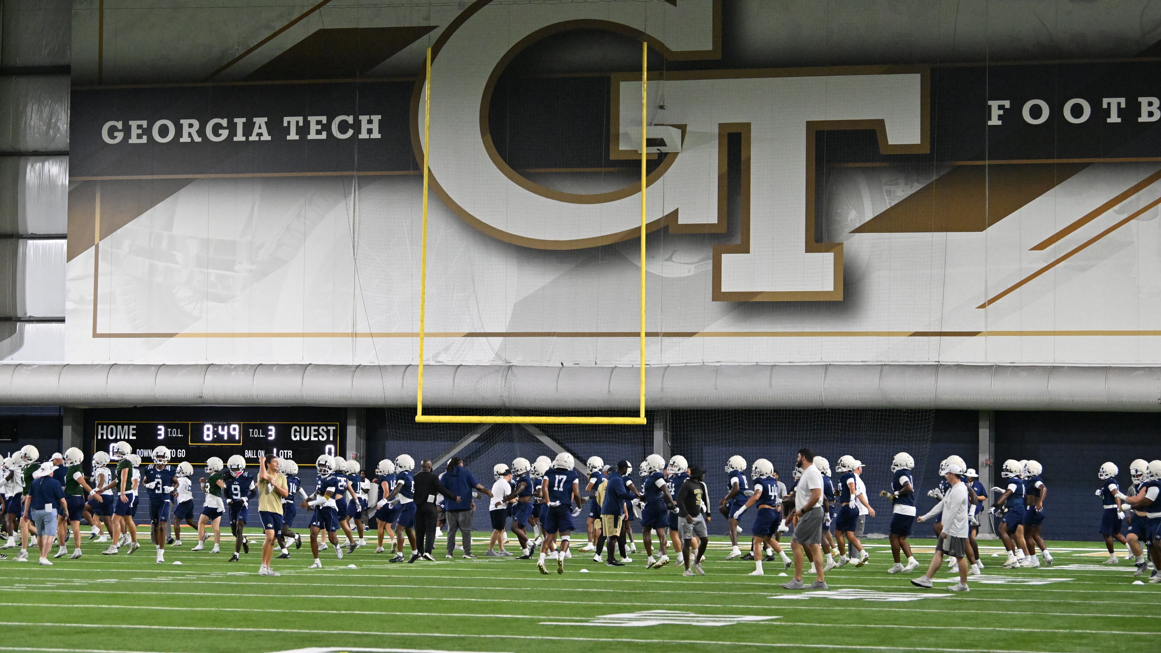 Tech football players participate in the first day of practice at Rose Bowl Field and the John and Mary Brock Football Practice Facility on Tuesday, July 29, 2025, in Atlanta. The Yellow Jackets have been predicted to finish fourth in the conference standings in 2025. (Hyosub Shin/AJC)