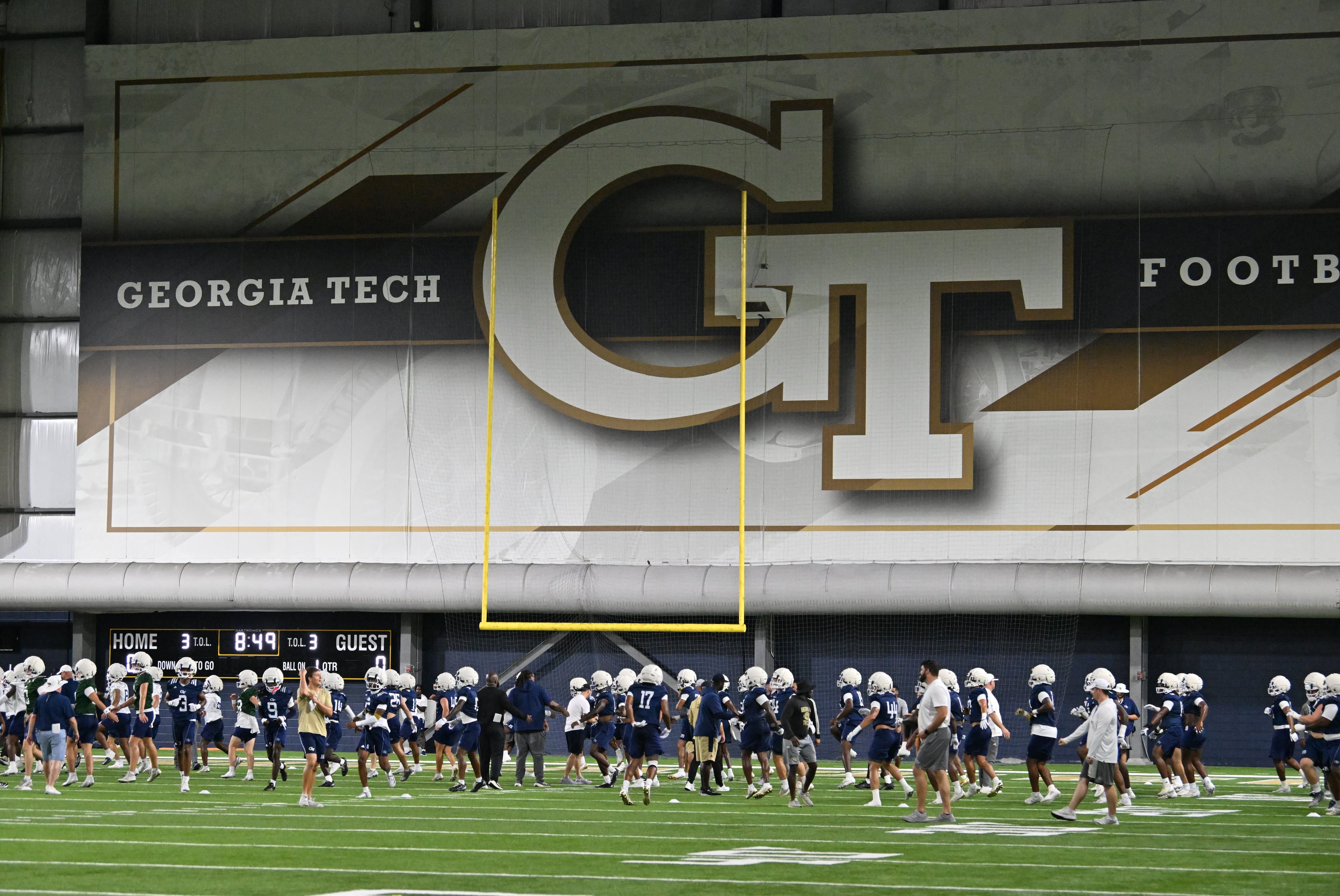 Georgia Tech players participate in the first day of football practice at Rose Bowl Field and the Mary and John Brock Football Practice Facility, Tuesday, July 29, 2025, in Atlanta. (Hyosub Shin / AJC)