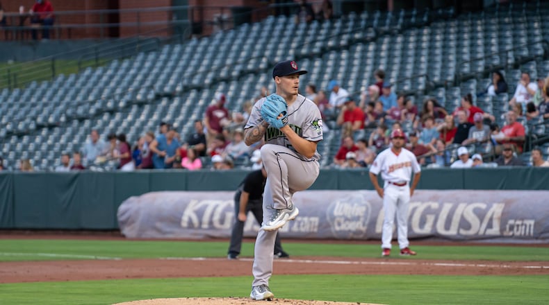 Braves prospect AJ Smith-Shawver pitches for the Gwinnett Stripers against the Memphis Redbirds on May 19, 2023. (Photo courtesy of the Memphis Redbirds)