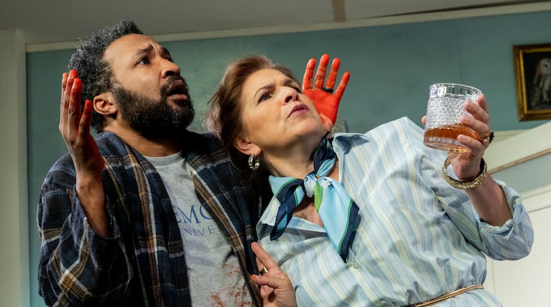 Timothy (Christopher Hampton, left) and his wife, Sloane, decide to share their home with a drifter in Steve Yockey's farce "Bleeding Hearts" at Theatrical Outfit. Further complicating matters is that every time neighbor Felicia (Tess Malis Kincaid, right) visits, more of the couple's possessions disappear. (Courtesy of Casey Gardner Ford)