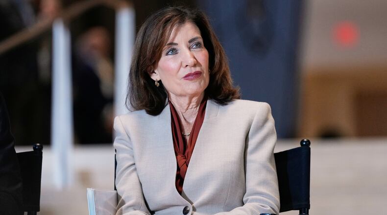 FILE - New York Governor Kathy Hochul participates in a ribbon cutting ceremony at the new JPMorgan Chase offices in New York, Oct. 21, 2025. (AP Photo/Seth Wenig, File)