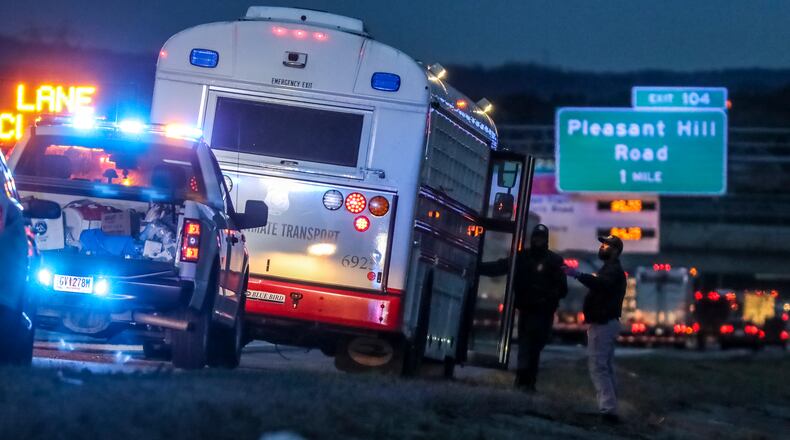 March 2, 2021 Gwinnett County: A wreck involving a Phillips State Prison transport bus shut down I-85 South in Gwinnett County for about an hour Tuesday morning, March 2, 2021 according to police. The wreck happened shortly after 5 a.m. near Sugarloaf Parkway. No life-threatening injuries were reported, Gwinnett police spokesman Cpl. Collin Flynn said, but one person was taken to a hospital. All of the inmates on the bus were transferred to a different vehicle after the crash, Flynn said. Phillips State Prison, located in Buford, is a medium-security prison that houses men. (John Spink / John.Spink@ajc.com)