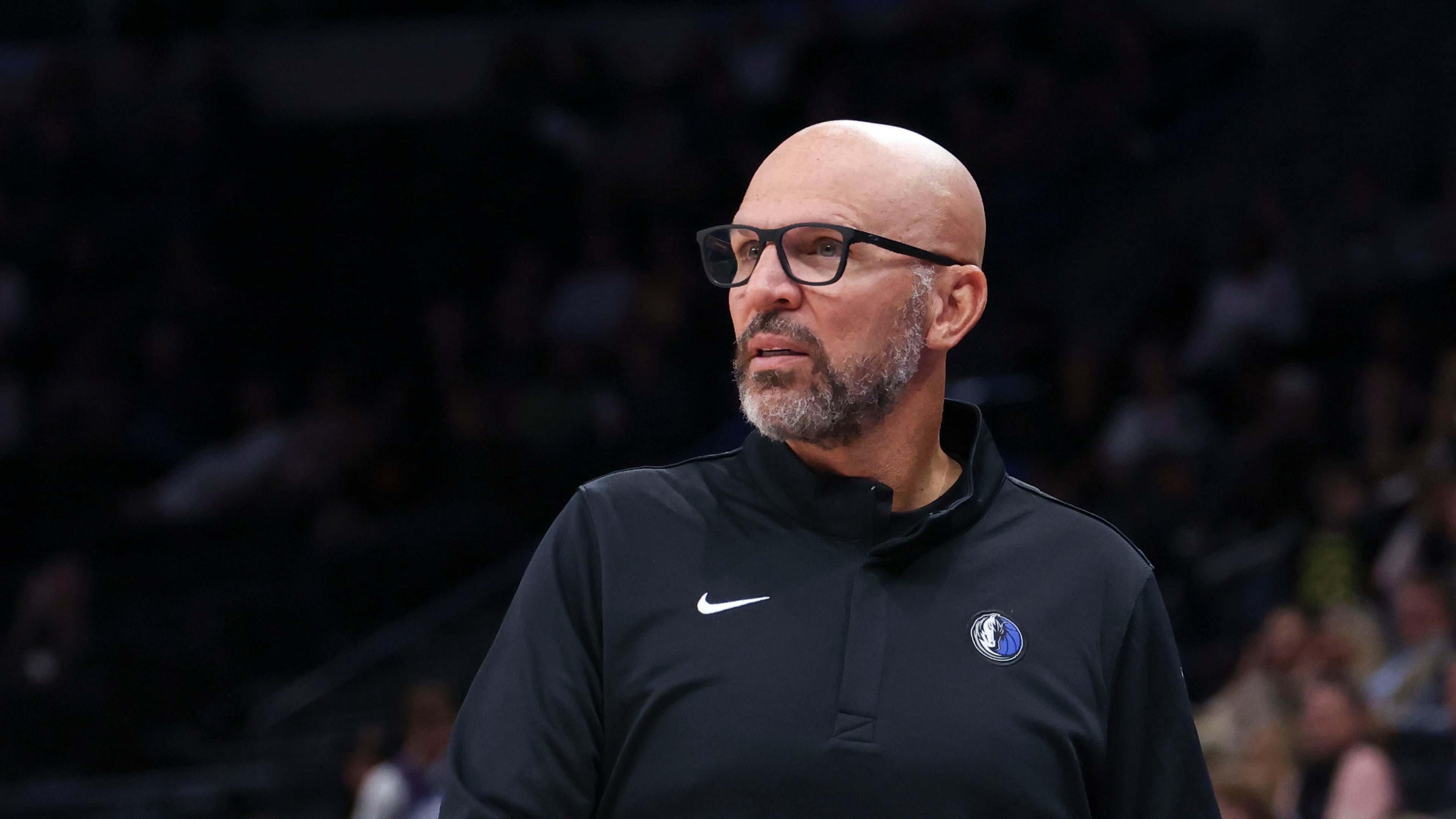 Dallas Mavericks Head Coach Jason Kidd looks on during the second half of a preseason NBA basketball game against the Utah Jazz, Monday, Oct. 13, 2025, in Salt Lake City. (AP Photo/Rob Gray)