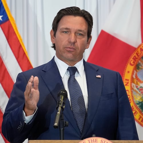 FILE - Florida Gov. Ron DeSantis speaks during a news conference Aug. 12, 2025, in Tampa, Fla. (AP Photo/Chris O'Meara, File)