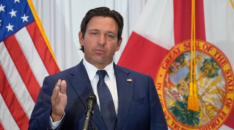 FILE - Florida Gov. Ron DeSantis speaks during a news conference Aug. 12, 2025, in Tampa, Fla. (AP Photo/Chris O'Meara, File)