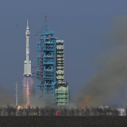 In this photo provided by China's Xinhua News Agency, the Shenzhou-22 spaceship is launched from the Jiuquan Satellite Launch Center in Jiuquan, northwestern China, Tuesday, Nov. 25, 2025. (Wang Jiangbo/Xinhua via AP)