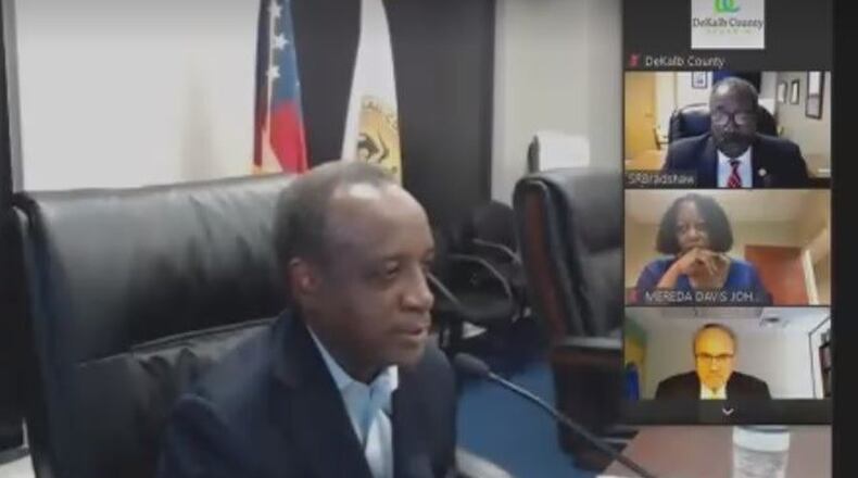 DeKalb County CEO Michael Thurmond and several members of the DeKalb County Board of Commissioners during a virtual Tuesday morning meeting. SCREENSHOT