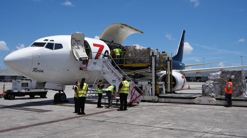 People load pallets containing food and hygiene kits for a humanitarian assistance flight to Cuba organized by the Trump administration as the U.S. continues to put pressure on the island's government, Tuesday, July 21, 2026, in Miami. (AP Photo/Lynne Sladky)