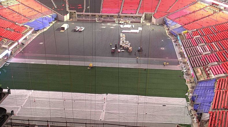 A look at the artificial turf being installed at Mercedes-Benz Stadium late Thursday.