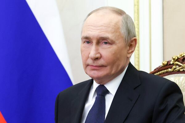 Russian President Vladimir Putin chairs the Security Council meeting via videoconference in Moscow, Russia, Friday, March 28, 2025. (Sergei Ilyin, Sputnik, Kremlin Pool Photo via AP)