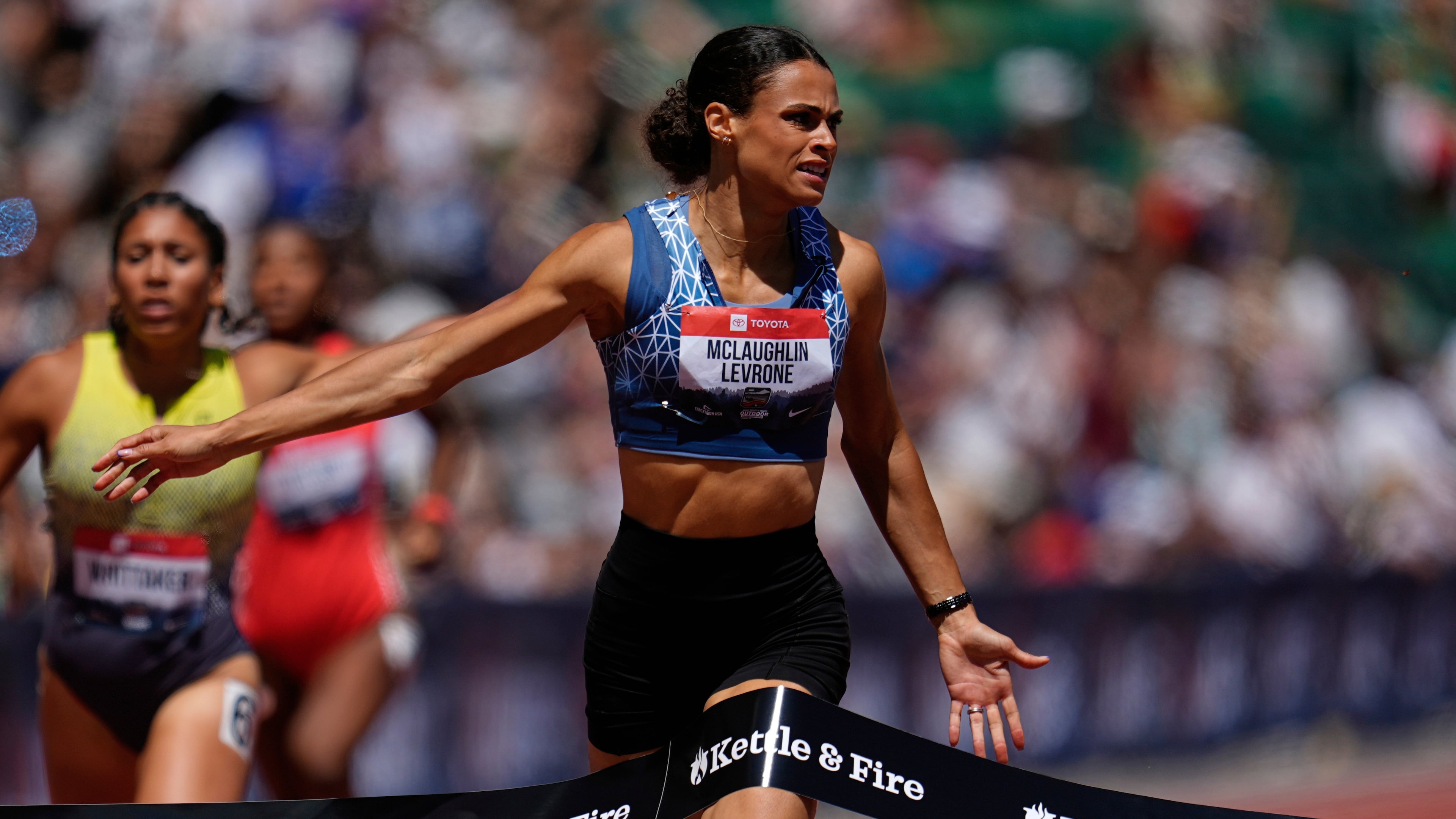 FILE - Sydney McLaughlin-Levrone wins the women's 400-meter final at the U.S. Championships athletics meet in Eugene, Ore., Saturday, Aug. 2, 2025. (AP Photo/Abbie Parr, File)
