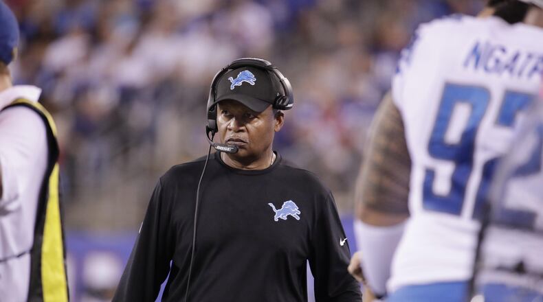 Detroit Lions head coach Jim Caldwell watches his team play during the second half of an NFL football game against the New York Giants Monday, Sept. 18, 2017, in East Rutherford, N.J. (AP Photo/Julio Cortez)