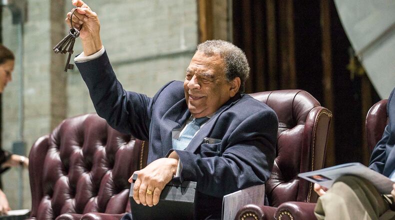 01/08/2020 -- Atlanta, Georgia -- Former United States Ambassador to the United Nations Andrew J. Young Jr. shows off a replica set of keys from the old Fulton County jail during a ceremony for the introduction of the Fulton County District Attorney's office of the Conviction Integrity Unit at Tyler Perry Studios in Atlanta, Wednesday, January 8, 2020. He was gifted the keys and a "Headlight Award" from the Fulton County District Attorney's office. (ALYSSA POINTER/ALYSSA.POINTER@AJC.COM)