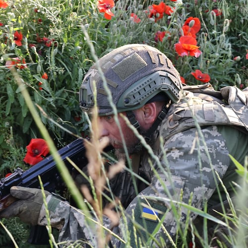 In this photo provided by Ukraine's 65th Mechanized Brigade press service, a soldier practices military skills at a training ground near the frontline in the Zaporizhzhia region, Ukraine, Thursday, June 11, 2026. (Andriy Andriyenko/Ukraine's 65th Mechanized Brigade via AP)
