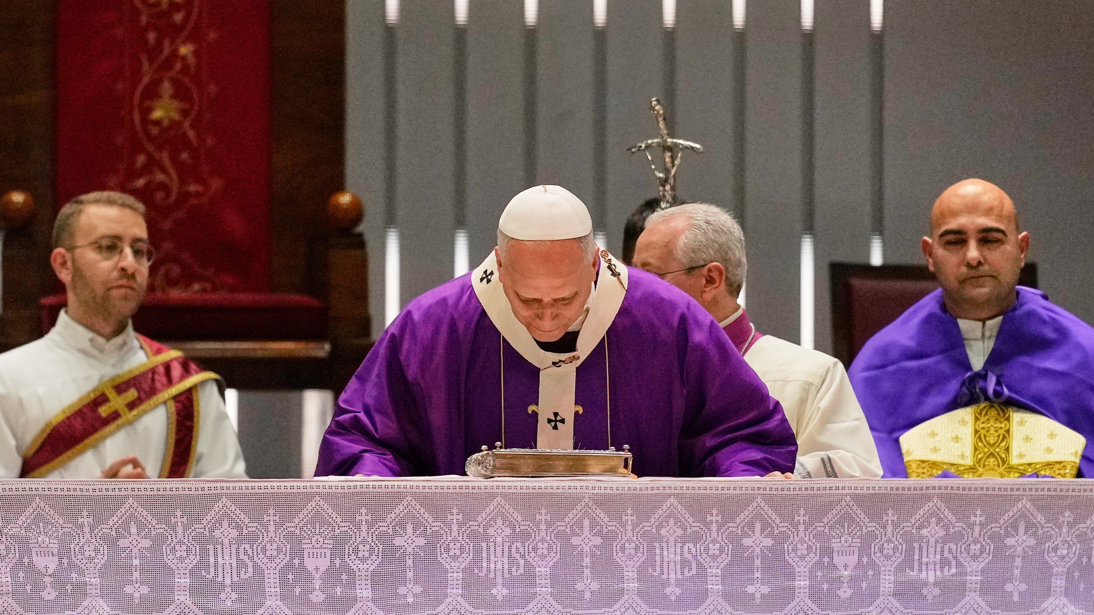 Pope Leo XIV celebrates a Mass at the Volkswagen Arena, in Istanbul, Turkey, Saturday, Nov. 29, 2025. (AP Photo/Khalil Hamra)