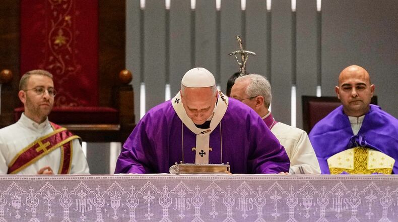 Pope Leo XIV celebrates a Mass at the Volkswagen Arena, in Istanbul, Turkey, Saturday, Nov. 29, 2025. (AP Photo/Khalil Hamra)
