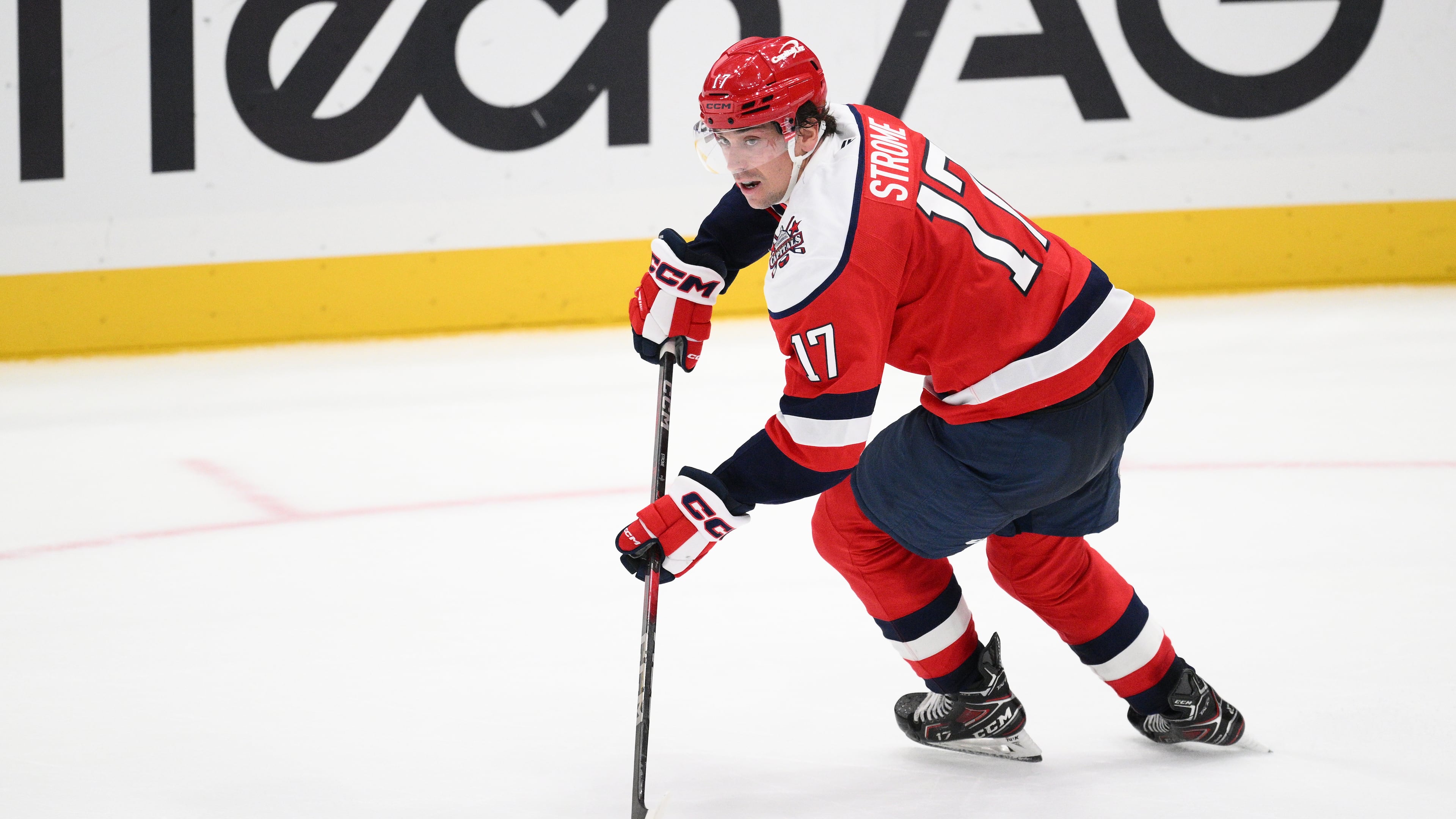 Washington Capitals center Dylan Strome (17) in action during the overtime of an NHL hockey game against the New Jersey Devils, Saturday, Nov. 15, 2025, in Washington. (AP Photo/Nick Wass)