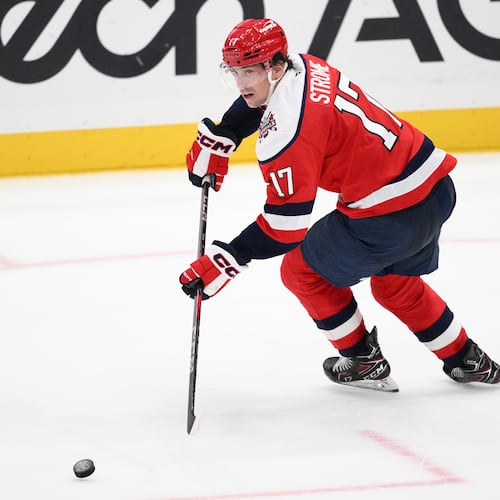 Washington Capitals center Dylan Strome (17) in action during the overtime of an NHL hockey game against the New Jersey Devils, Saturday, Nov. 15, 2025, in Washington. (AP Photo/Nick Wass)
