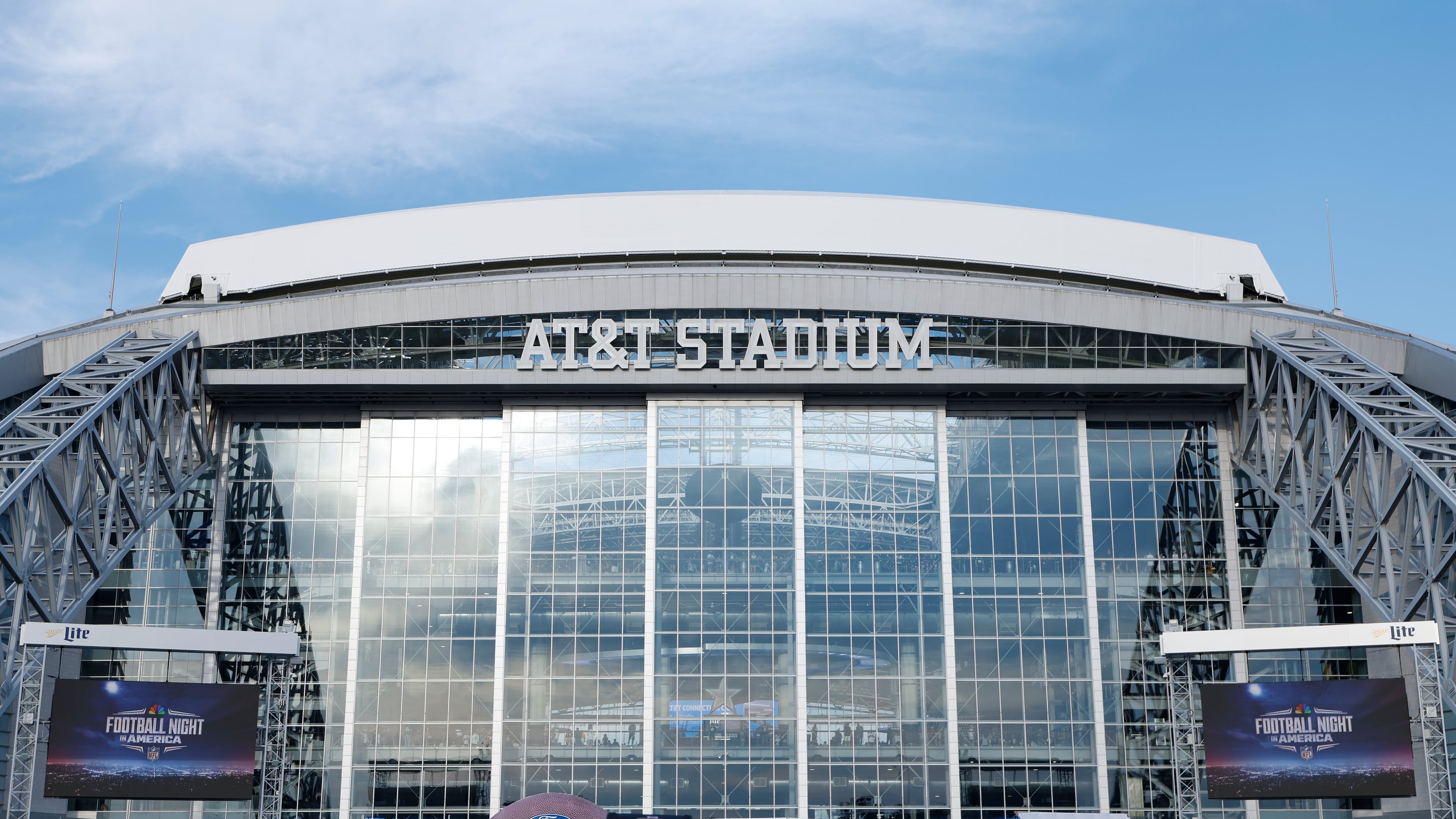 FILE - AT&T stadium in a general outside view before a NFL football game between the Green Bay Packers and the Dallas Cowboys Sept. 28, 2025, in Arlington, Texas. (AP Photo/Matt Patterson, File)