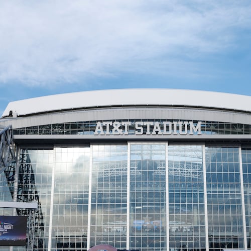 FILE - AT&T stadium in a general outside view before a NFL football game between the Green Bay Packers and the Dallas Cowboys Sept. 28, 2025, in Arlington, Texas. (AP Photo/Matt Patterson, File)