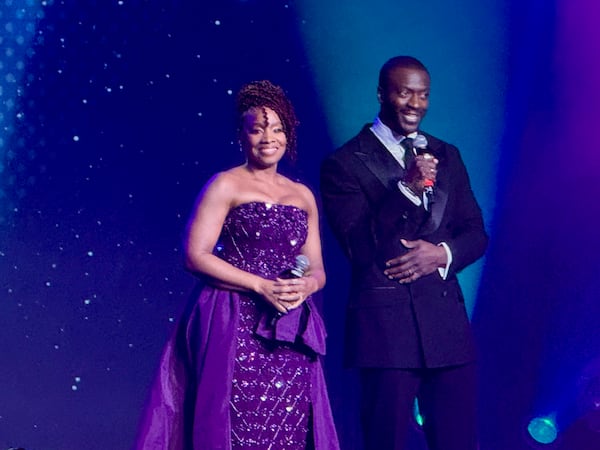 Screen actor Aldis Hodge (“Straight Outta Compton,” “Black Adam” and “City on a Hill”) and Anika Noni Rose (left), a Tony award-winning Broadway actor and the voice for the first African American Disney princess, emcee the MLK Jr. Beloved Community Awards on Saturday, Jan. 17, 2026, in Atlanta. (Danielle Charbonneau/AJC)