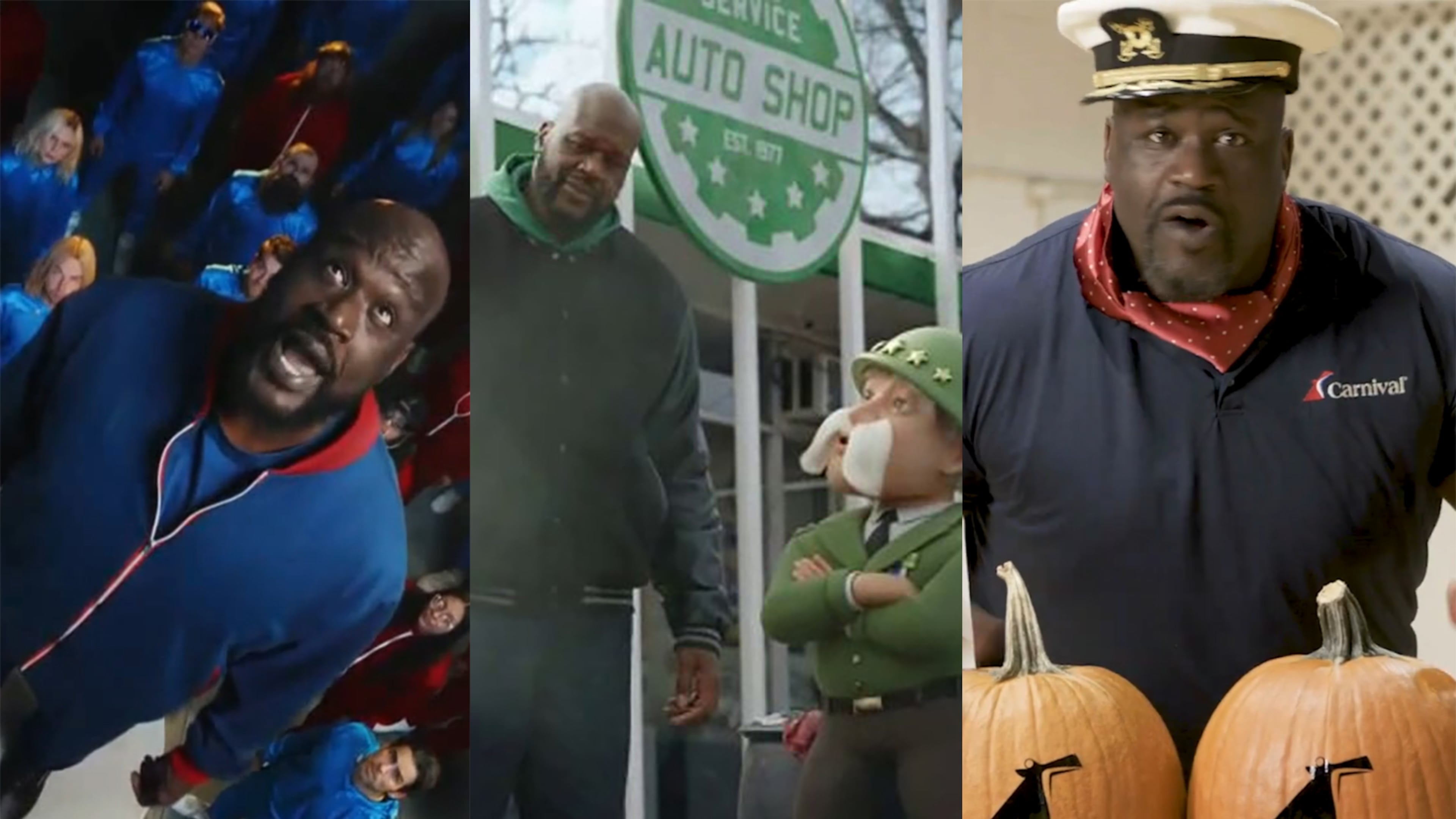 Shaquille O'Neal ads are ubiquitous. He is a spokesman (from left) for Icy Hot, The General Insurance and Carnival Cruises, to name a few. (Ad screenshots from YouTube)